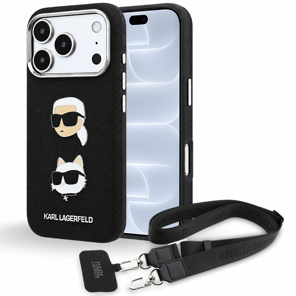 Fodral för Apple iPhone 18 Pro / 17 Pro, Karl Lagerfeld, Saffiano Crossbody Karl & Choupette Head's Pins Logo, svart