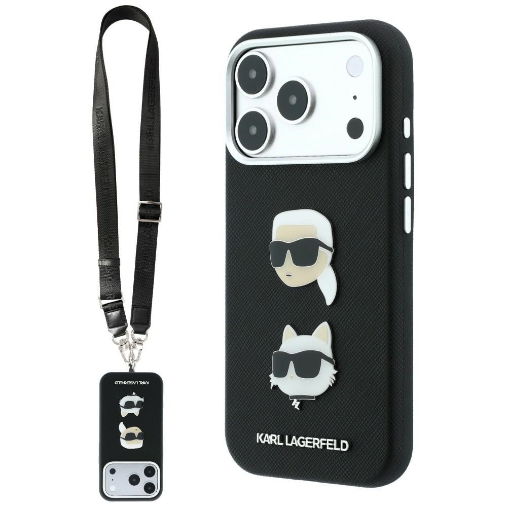 Fodral för Apple iPhone 18 Pro / 17 Pro, Karl Lagerfeld, Saffiano Crossbody Karl & Choupette Head's Pins Logo, svart