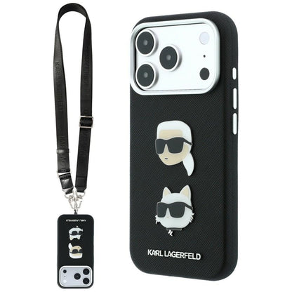Fodral för Apple iPhone 18 Pro / 17 Pro, Karl Lagerfeld, Saffiano Crossbody Karl & Choupette Head's Pins Logo, svart