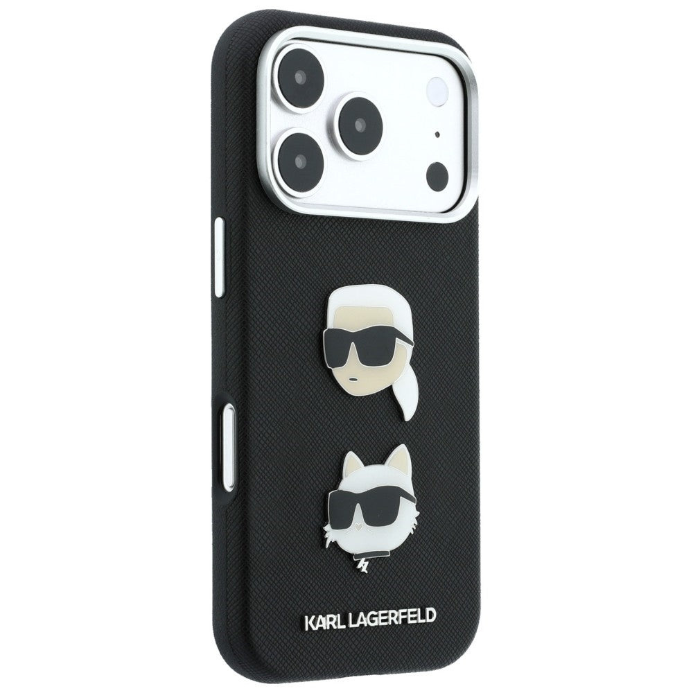 Fodral för Apple iPhone 18 Pro / 17 Pro, Karl Lagerfeld, Saffiano Crossbody Karl & Choupette Head's Pins Logo, svart