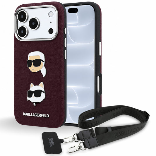 Fodral för Apple iPhone 18 Pro / 17 Pro, Karl Lagerfeld, Saffiano Crossbody Karl & Choupette Head's Pins Logo, vinrött