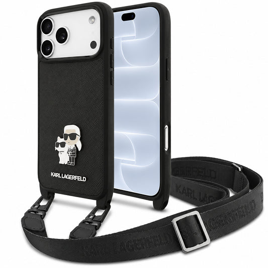 Skal till Apple iPhone 18 Pro / 17 Pro, Karl Lagerfeld, Saffiano Crossbody Metal Pin Karl & Choupette, svart