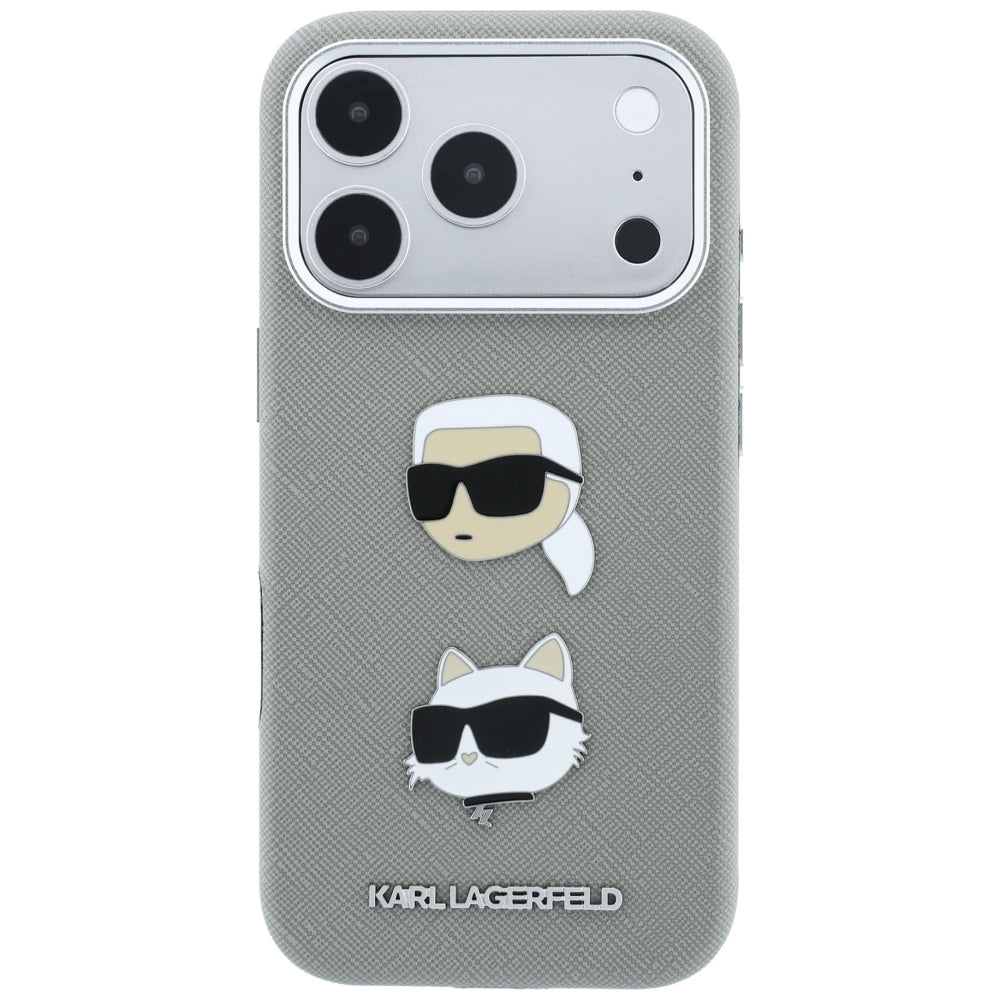 Fodral för Apple iPhone 18 Pro / 17 Pro, Karl Lagerfeld, Saffiano med Karl & Choupette Head's Pin and Logo, grå