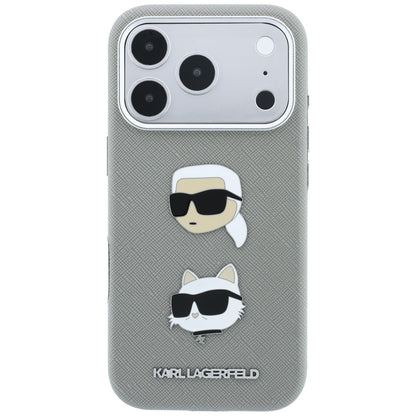 Fodral för Apple iPhone 18 Pro / 17 Pro, Karl Lagerfeld, Saffiano med Karl & Choupette Head's Pin and Logo, grå