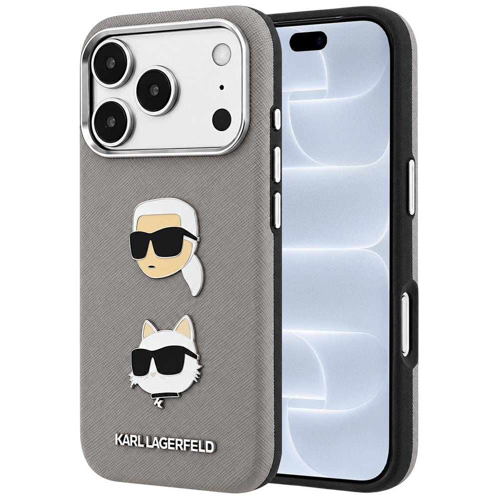 Fodral för Apple iPhone 18 Pro / 17 Pro, Karl Lagerfeld, Saffiano med Karl & Choupette Head's Pin and Logo, grå