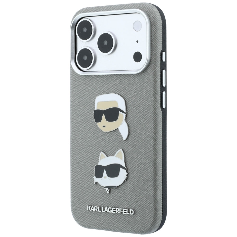 Fodral för Apple iPhone 18 Pro / 17 Pro, Karl Lagerfeld, Saffiano med Karl & Choupette Head's Pin and Logo, grå