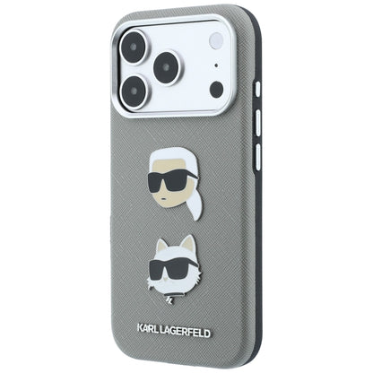 Fodral för Apple iPhone 18 Pro / 17 Pro, Karl Lagerfeld, Saffiano med Karl & Choupette Head's Pin and Logo, grå