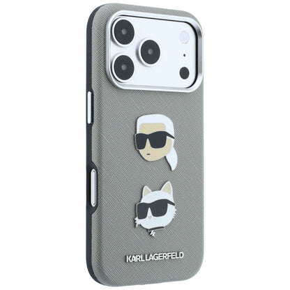 Fodral för Apple iPhone 18 Pro / 17 Pro, Karl Lagerfeld, Saffiano med Karl & Choupette Head's Pin and Logo, grå