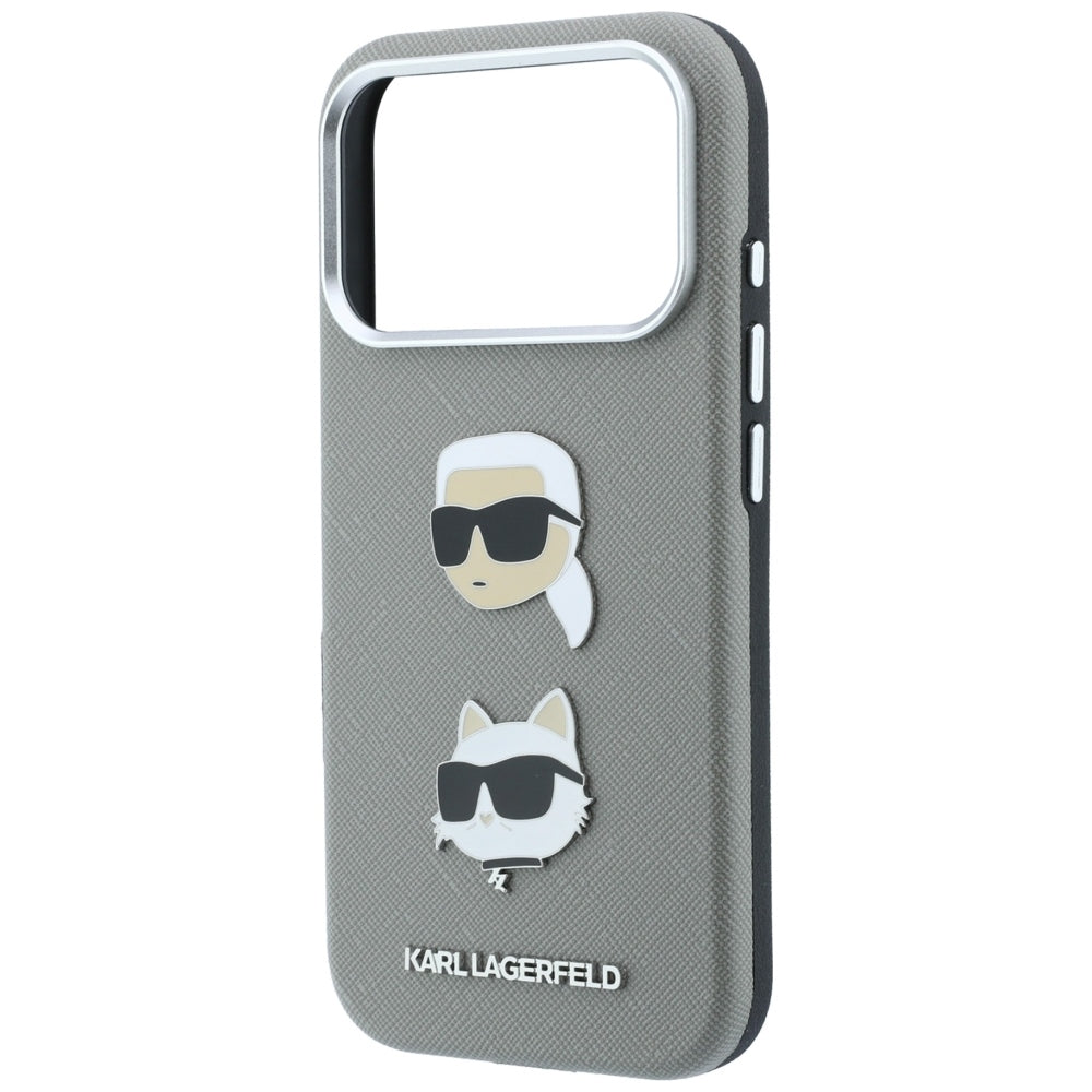 Fodral för Apple iPhone 18 Pro / 17 Pro, Karl Lagerfeld, Saffiano med Karl & Choupette Head's Pin and Logo, grå