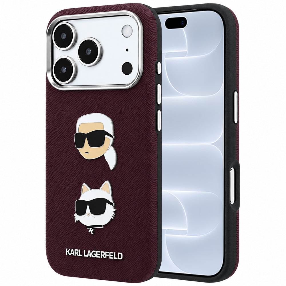 Fodral för Apple iPhone 18 Pro / 17 Pro, Karl Lagerfeld, Saffiano med Karl & Choupette-huvudnål och logotyp, Vinröd