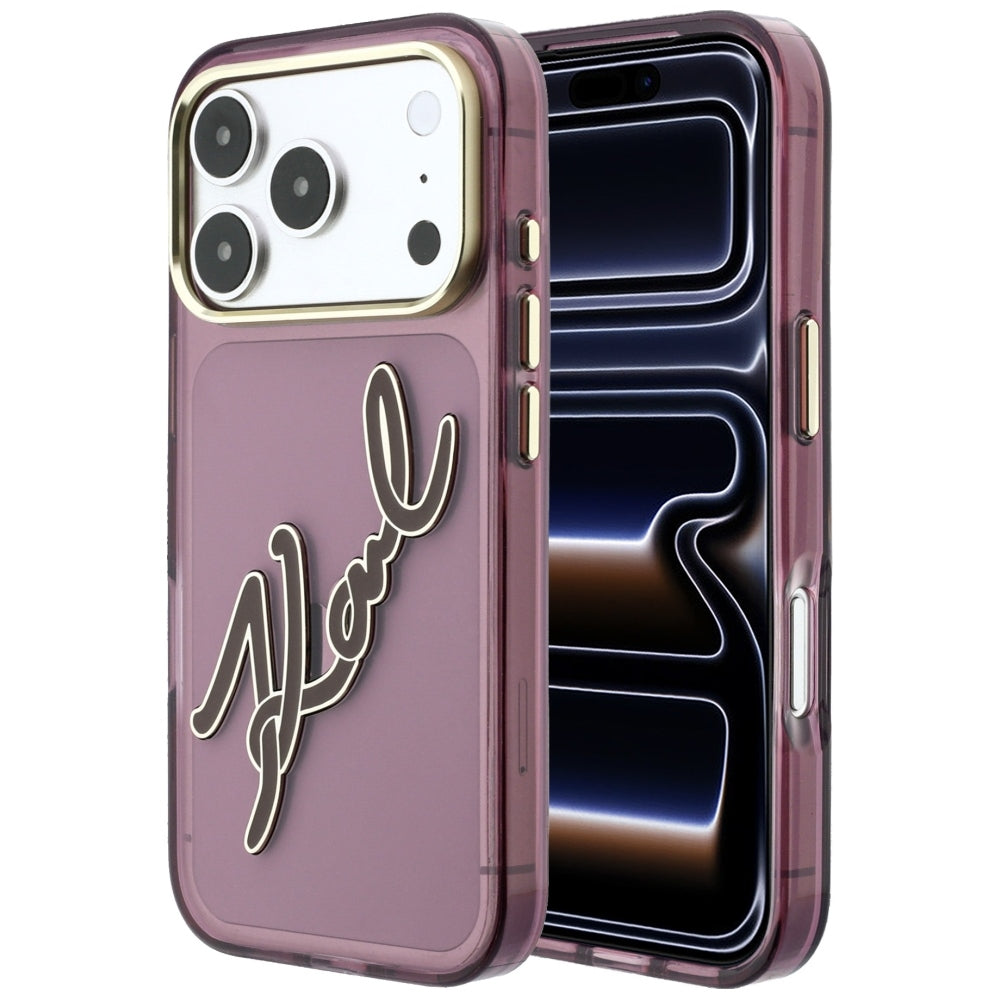 Fodral för Apple iPhone 18 Pro Max / 17 Pro Max, Karl Lagerfeld, IML Big Signature Resin Logo Metallram, Vinröd