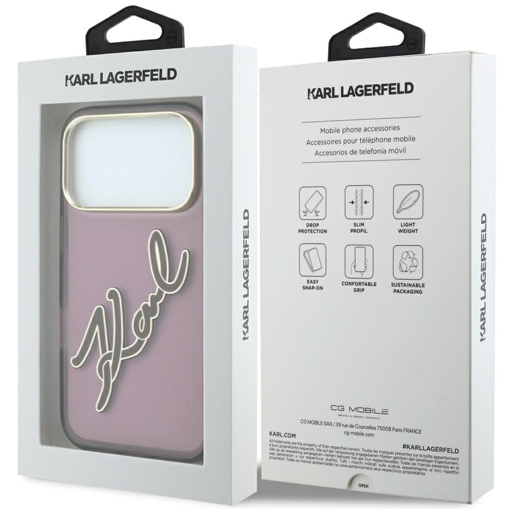 Fodral för Apple iPhone 18 Pro Max / 17 Pro Max, Karl Lagerfeld, IML Big Signature Resin Logo Metallram, Vinröd
