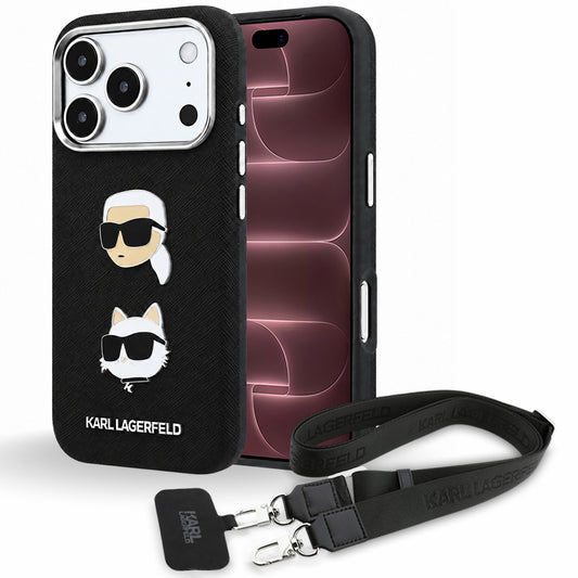 Skal till Apple iPhone 18 Pro Max / 17 Pro Max, Karl Lagerfeld, Saffiano Crossbody Karl & Choupette Head's Pins Logo, svart