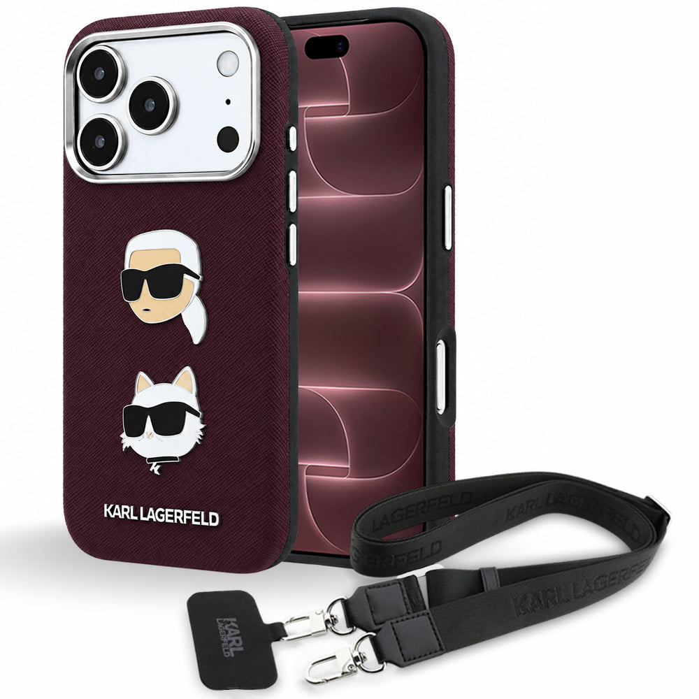 Fodral för Apple iPhone 18 Pro Max / 17 Pro Max, Karl Lagerfeld, Saffiano Crossbody Karl & Choupette Head's Pins Logo, vinrött
