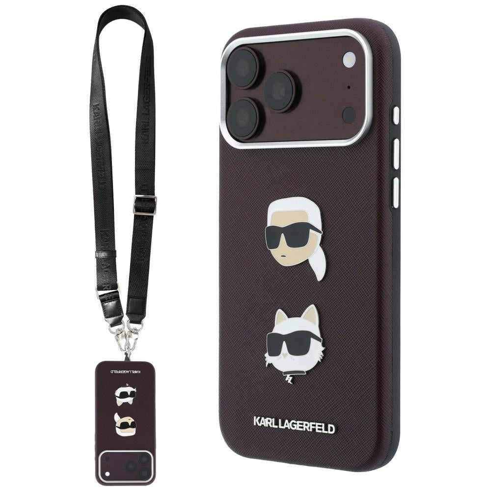 Fodral för Apple iPhone 18 Pro Max / 17 Pro Max, Karl Lagerfeld, Saffiano Crossbody Karl & Choupette Head's Pins Logo, vinrött