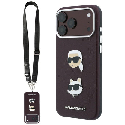 Fodral för Apple iPhone 18 Pro Max / 17 Pro Max, Karl Lagerfeld, Saffiano Crossbody Karl & Choupette Head's Pins Logo, vinrött