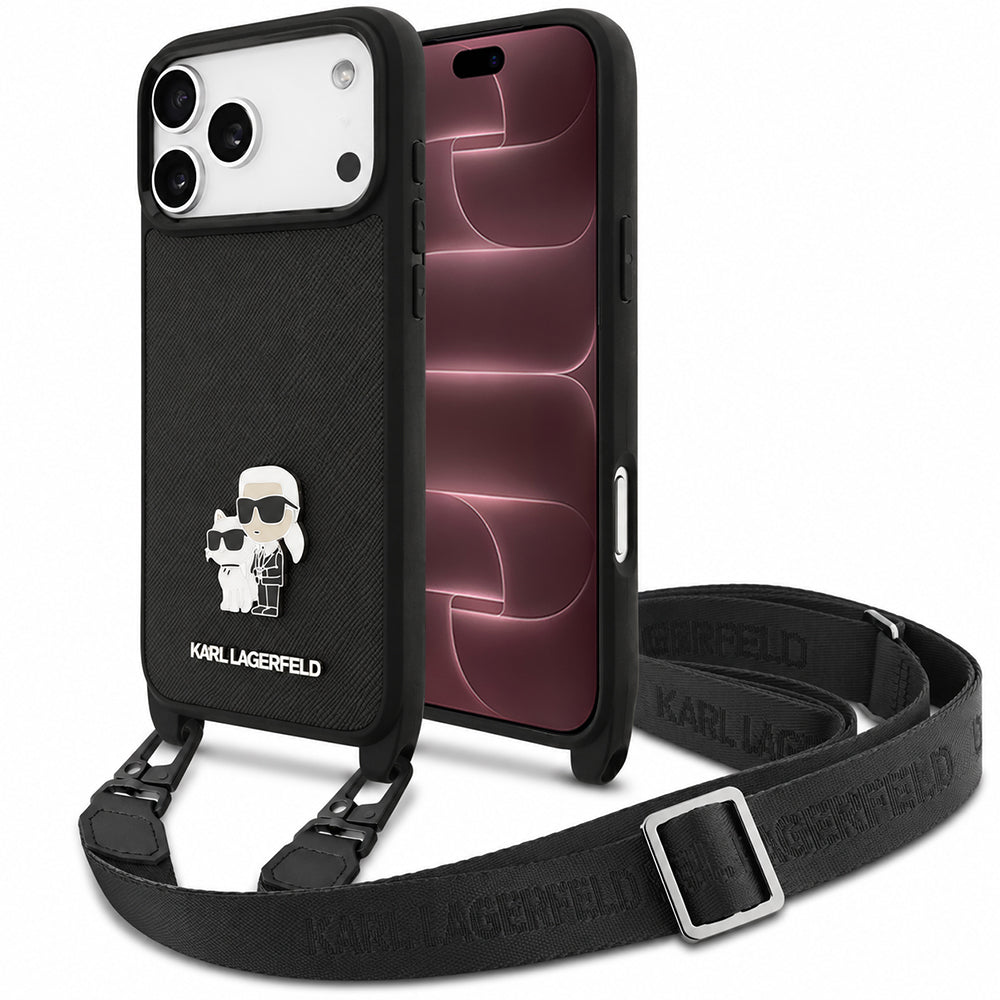 Fodral för Apple iPhone 18 Pro Max / 17 Pro Max, Karl Lagerfeld, Saffiano Crossbody Metal Pin Karl & Choupette, svart