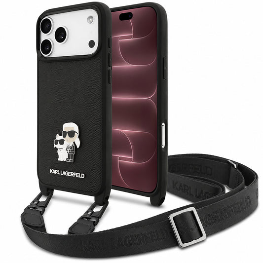 Fodral för Apple iPhone 18 Pro Max / 17 Pro Max, Karl Lagerfeld, Saffiano Crossbody Metal Pin Karl & Choupette, svart