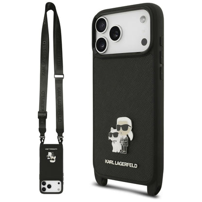 Fodral för Apple iPhone 18 Pro Max / 17 Pro Max, Karl Lagerfeld, Saffiano Crossbody Metal Pin Karl & Choupette, svart
