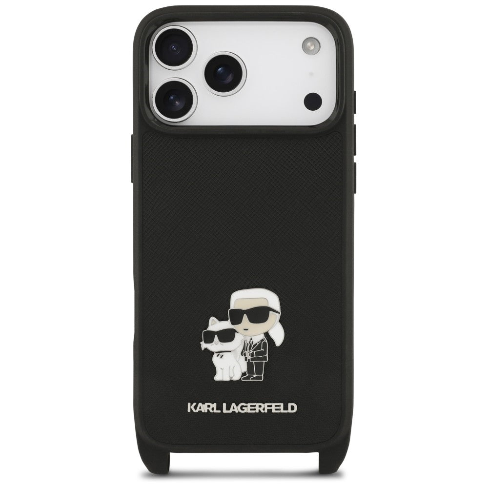 Fodral för Apple iPhone 18 Pro Max / 17 Pro Max, Karl Lagerfeld, Saffiano Crossbody Metal Pin Karl & Choupette, svart