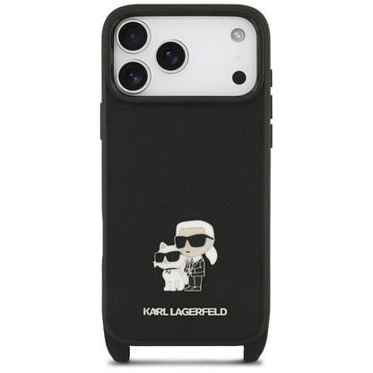 Fodral för Apple iPhone 18 Pro Max / 17 Pro Max, Karl Lagerfeld, Saffiano Crossbody Metal Pin Karl & Choupette, svart