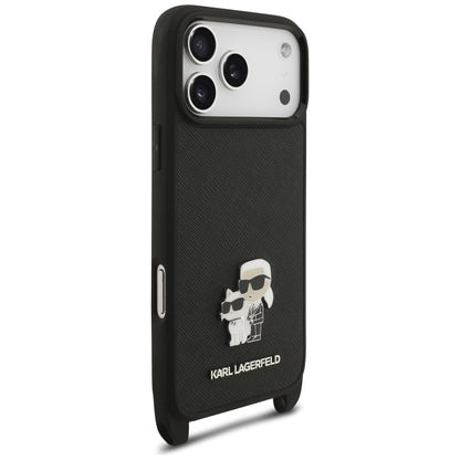 Fodral för Apple iPhone 18 Pro Max / 17 Pro Max, Karl Lagerfeld, Saffiano Crossbody Metal Pin Karl & Choupette, svart