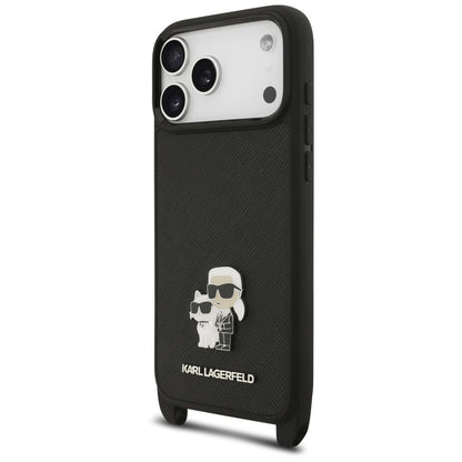 Fodral för Apple iPhone 18 Pro Max / 17 Pro Max, Karl Lagerfeld, Saffiano Crossbody Metal Pin Karl & Choupette, svart
