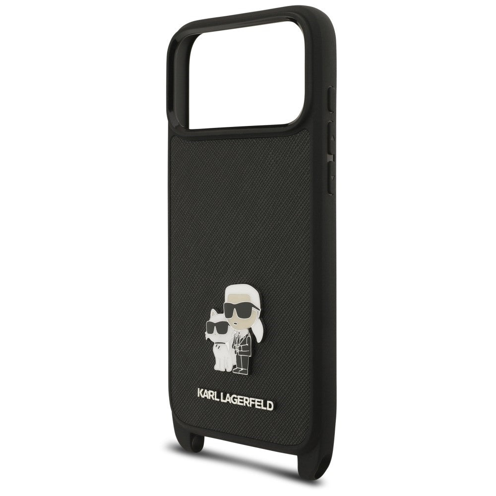 Fodral för Apple iPhone 18 Pro Max / 17 Pro Max, Karl Lagerfeld, Saffiano Crossbody Metal Pin Karl & Choupette, svart