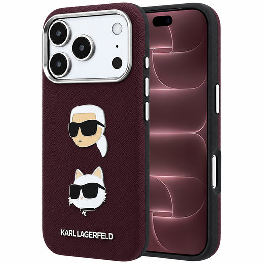 Fodral för Apple iPhone 18 Pro Max / 17 Pro Max, Karl Lagerfeld, Saffiano med Karl & Choupette-huvudnål och logotyp, Vinröd