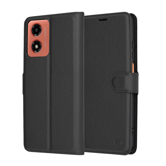 Fodral för Motorola Moto G04s / E14 / G04 / G24, Techsuit, Läderfolio, Svart