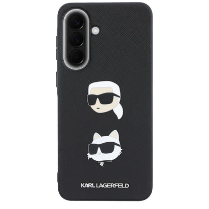 Mobilskal för Samsung Galaxy A37 5G, Karl Lagerfeld, Grained Karl & Choupettes huvuden pins och logotyp, svart