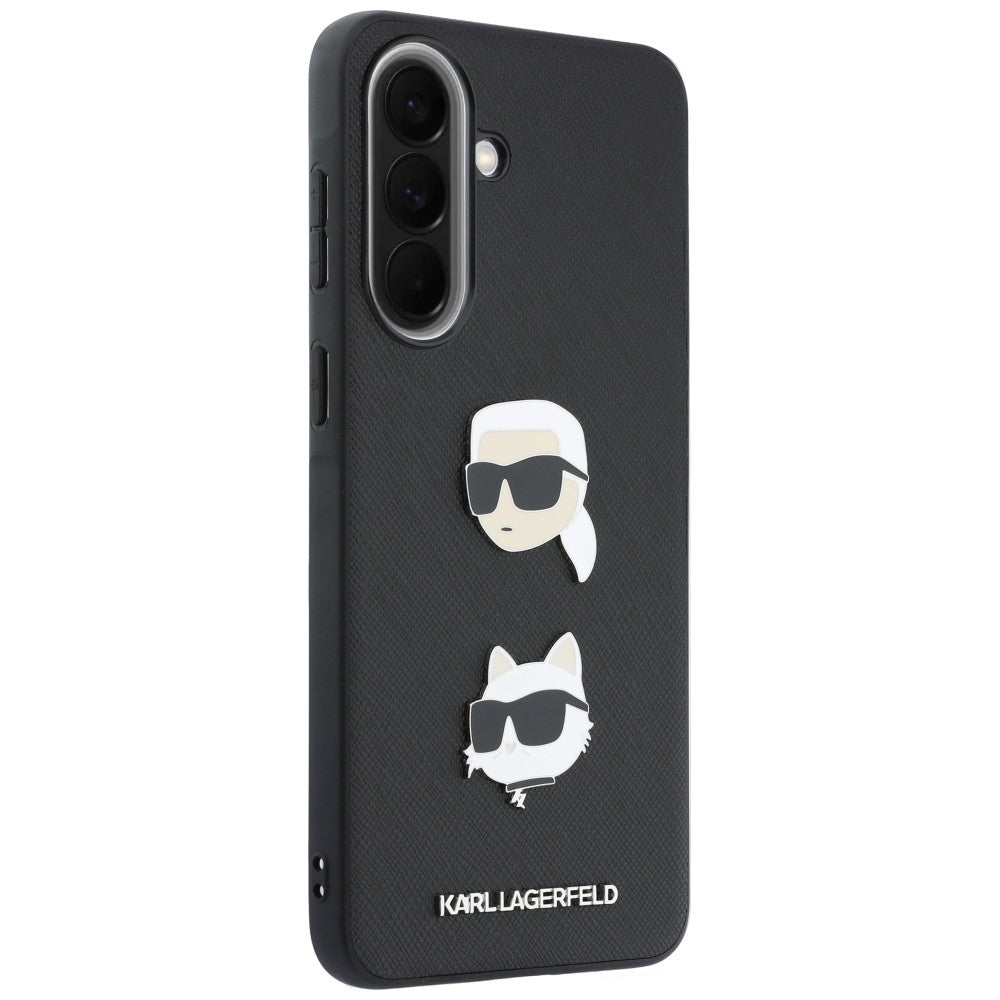 Mobilskal för Samsung Galaxy A37 5G, Karl Lagerfeld, Grained Karl & Choupettes huvuden pins och logotyp, svart