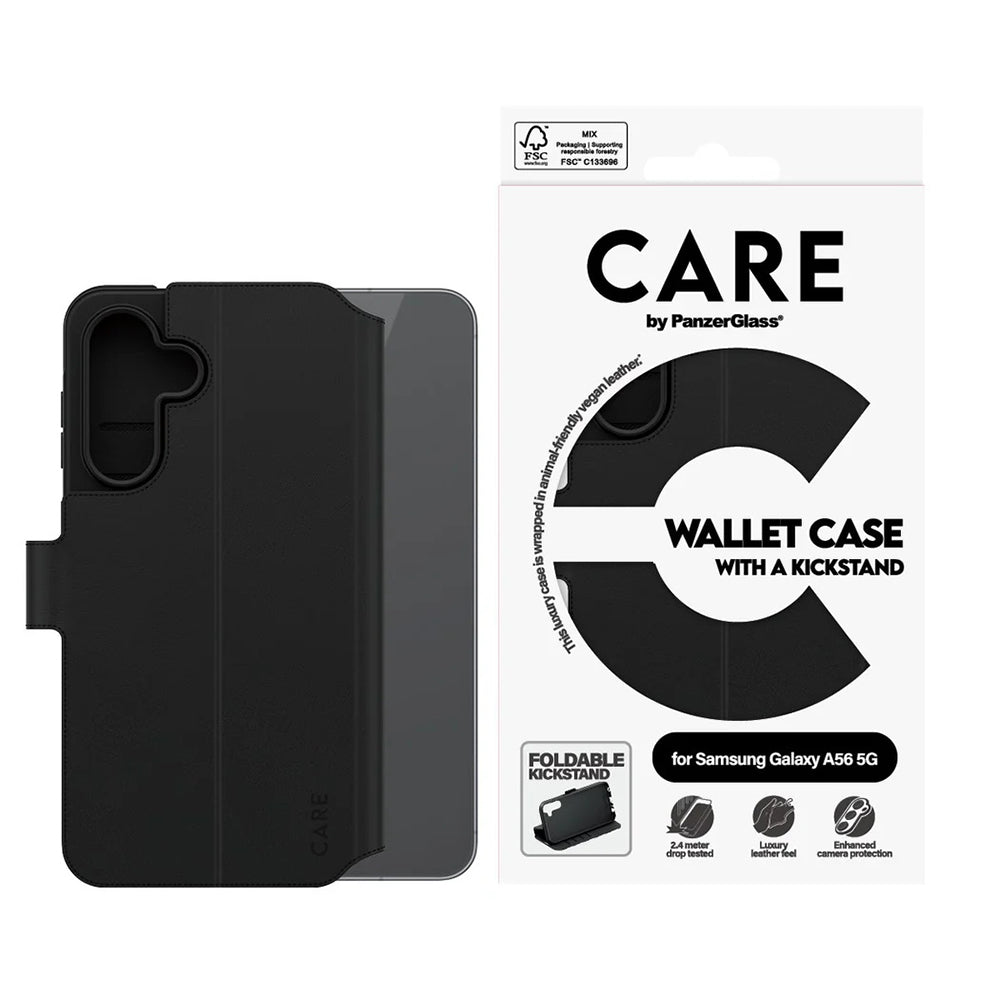 Fodral för Samsung Galaxy A56 A566, PanzerGlass, Care Feature Kickstand Wallet, Svart