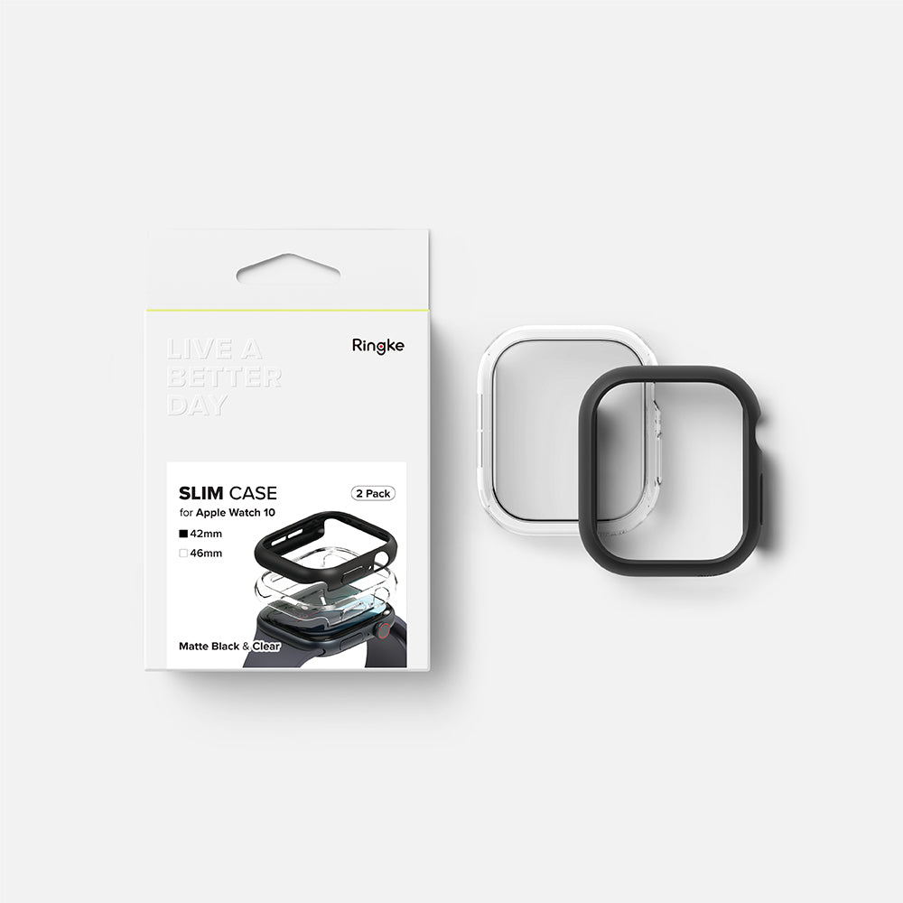 Ringke Slim-fodral för Apple Watch Series 10 / 11 42mm, Set om 2 stycken, Matt svart / Transparent