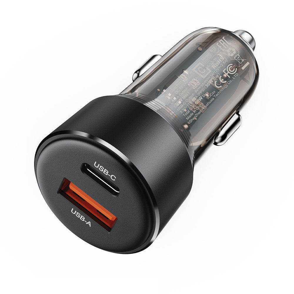 Bil laddare Acefast B12, 60W, 3A, 1 x USB-A - 1 x USB-C, Svart
