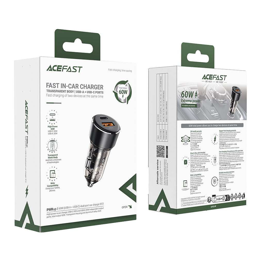 Bil laddare Acefast B12, 60W, 3A, 1 x USB-A - 1 x USB-C, Svart