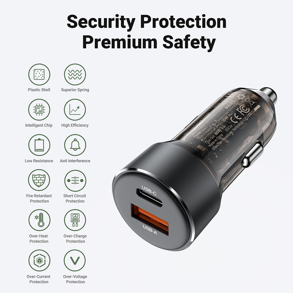 Bil laddare Acefast B12, 60W, 3A, 1 x USB-A - 1 x USB-C, Svart
