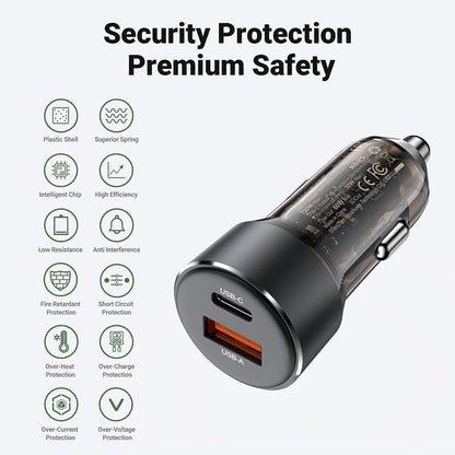 Bil laddare Acefast B12, 60W, 3A, 1 x USB-A - 1 x USB-C, Svart