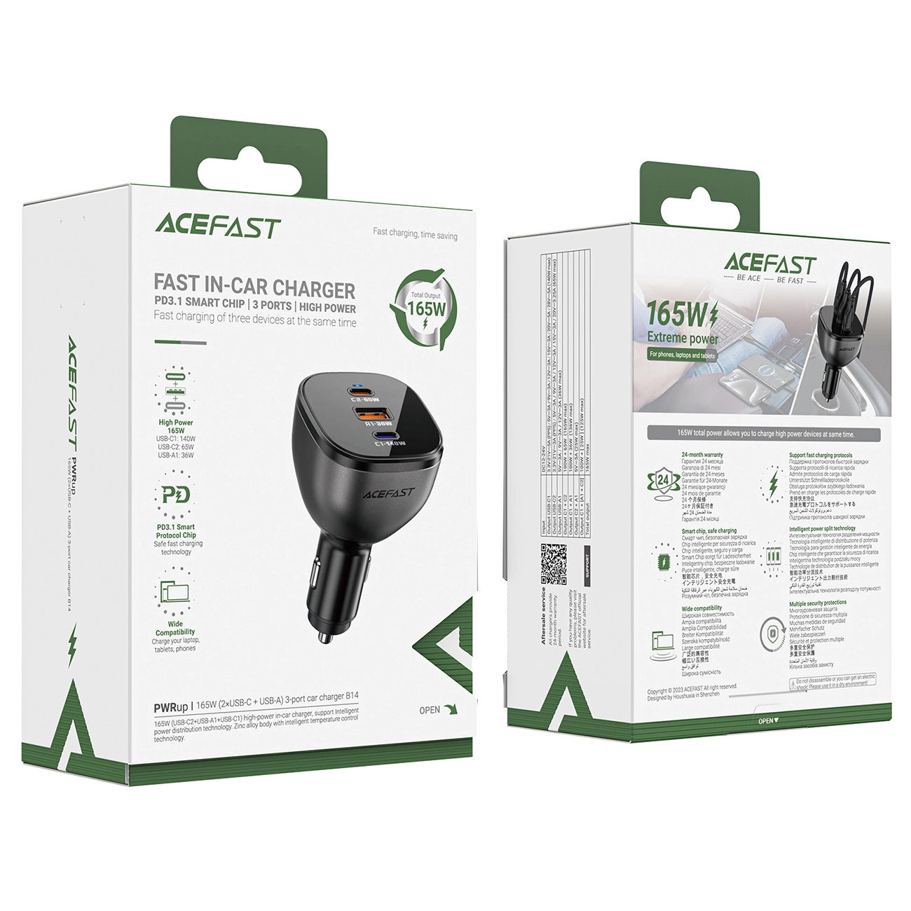 Bil laddare Acefast B14, 165W, 5A, 1 x USB-A - 2 x USB-C, Svart