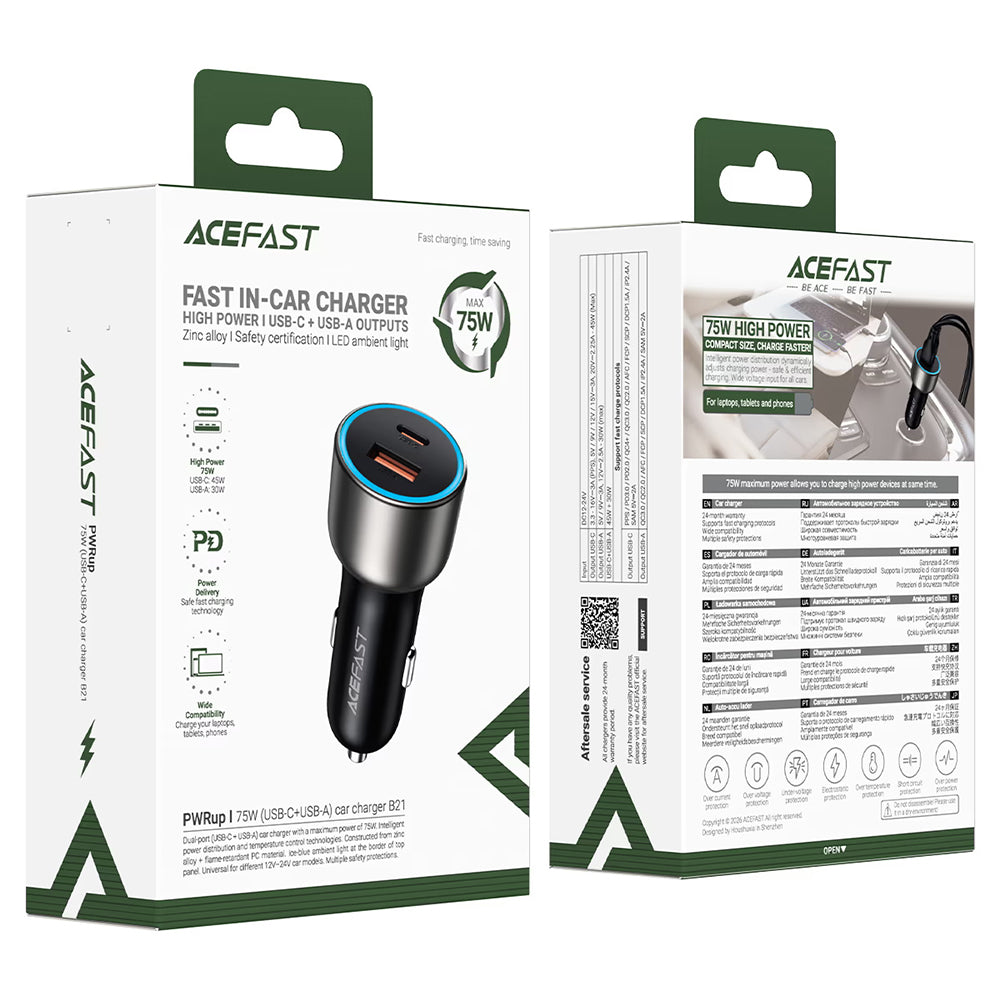 Acefast B21 billaddare, 75W, 3A, 1 x USB-A - 1 x USB-C, grå