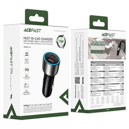 Acefast B21 billaddare, 75W, 3A, 1 x USB-A - 1 x USB-C, grå