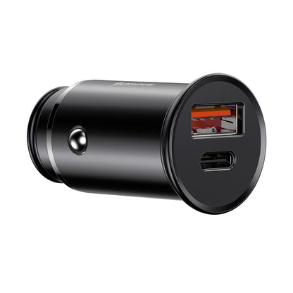 Baseus Circular Metal Bil-laddare, 30W, 5A, 1 x USB-A - 1 x USB-C, Svart