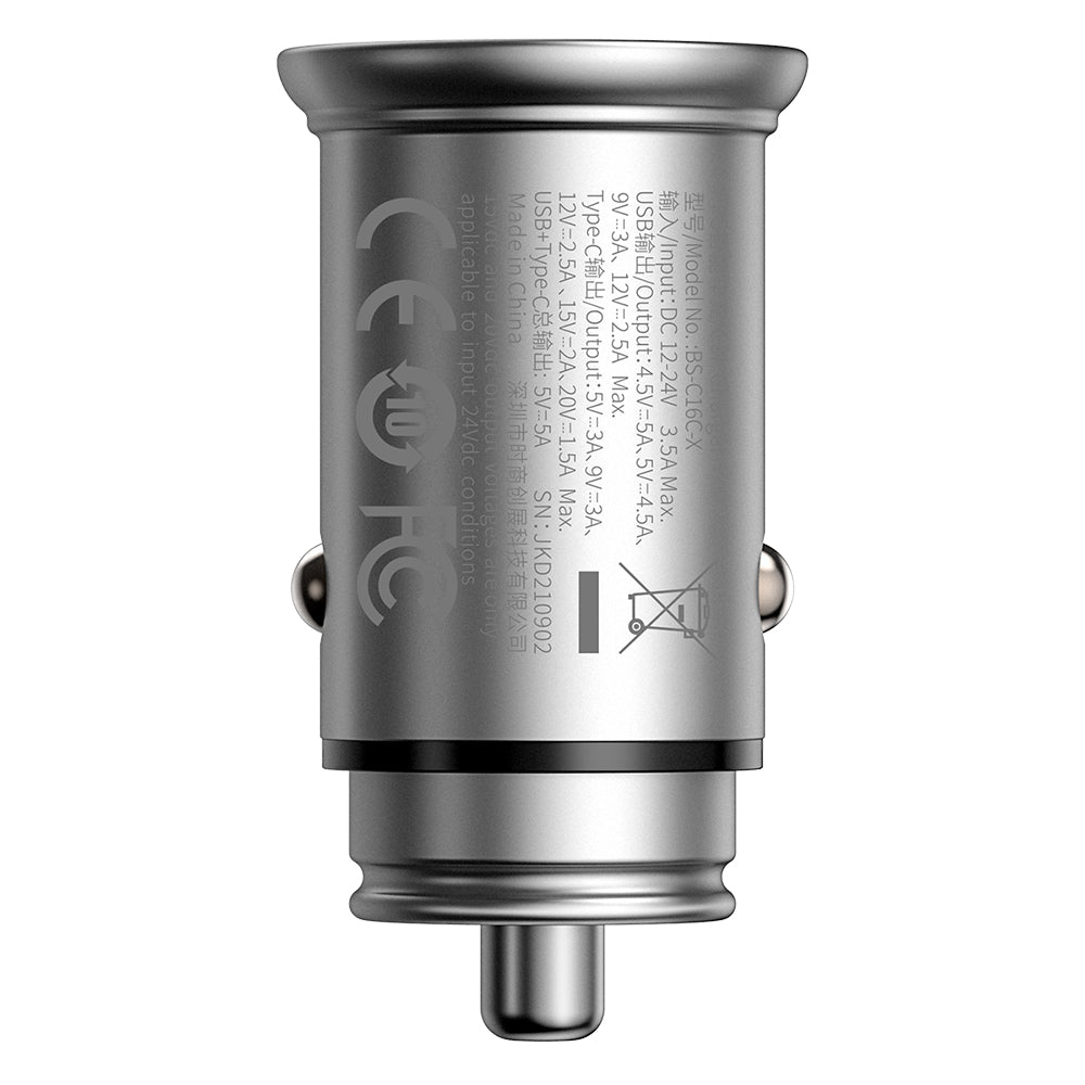 Bil laddare Baseus Circular Metal, 30W, 5A, 1 x USB-A - 1 x USB-C, Grå