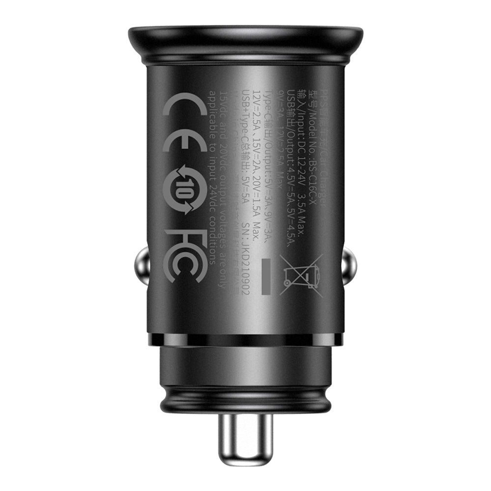 Baseus Circular Metal Bil-laddare, 30W, 5A, 1 x USB-A - 1 x USB-C, Svart