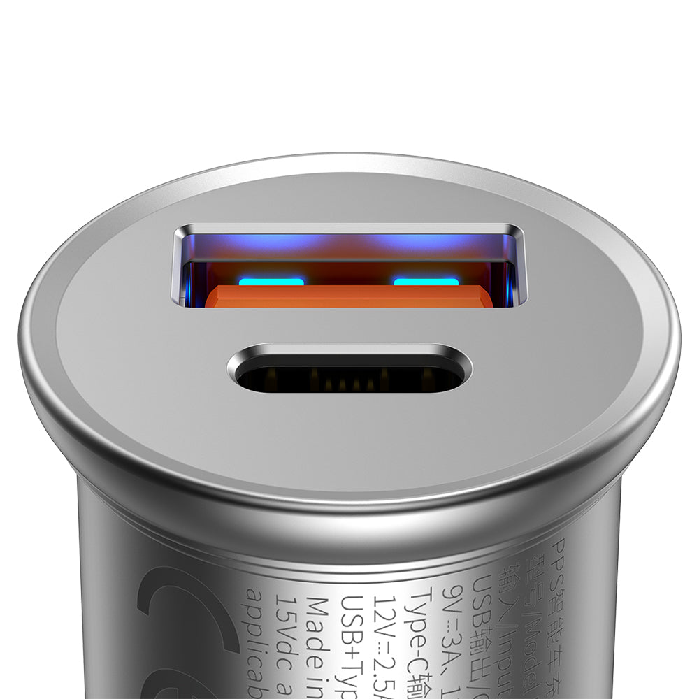 Bil laddare Baseus Circular Metal, 30W, 5A, 1 x USB-A - 1 x USB-C, Grå