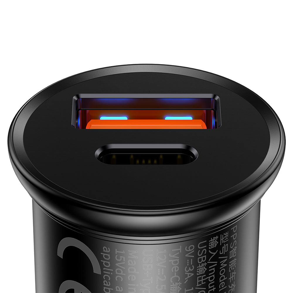 Baseus Circular Metal Bil-laddare, 30W, 5A, 1 x USB-A - 1 x USB-C, Svart