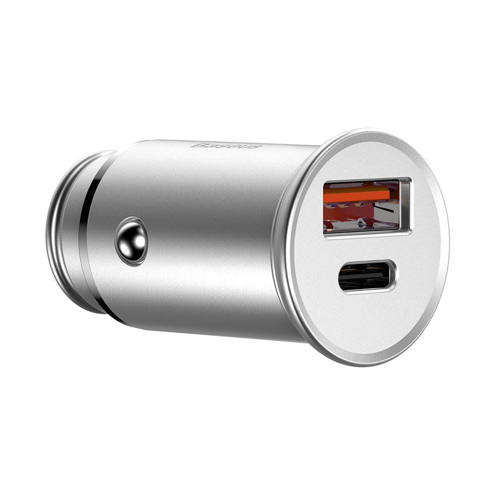 Bil laddare Baseus Circular Metal, 30W, 5A, 1 x USB-A - 1 x USB-C, Grå