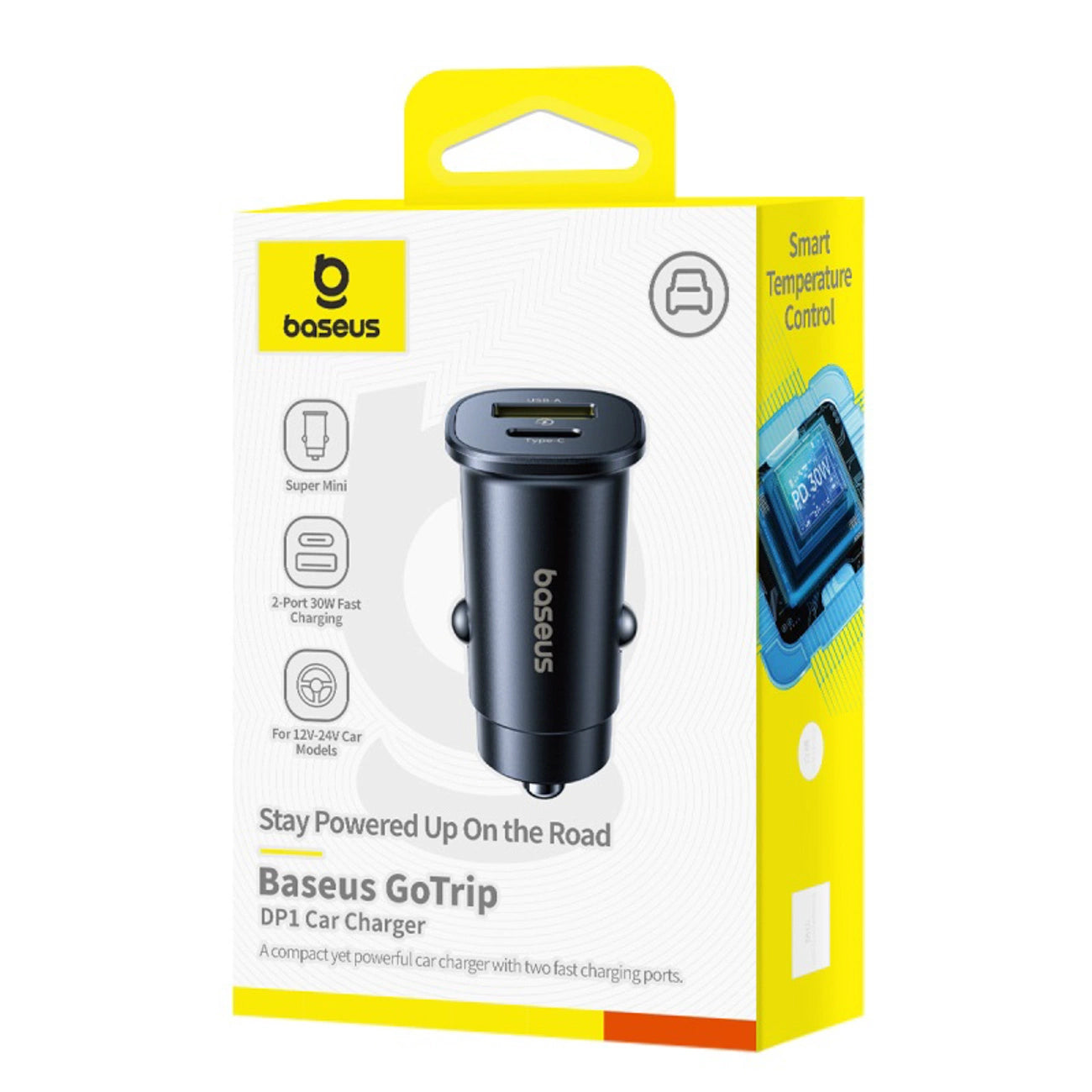 Bil laddare Baseus GoTrip, 30W, 3A, 1 x USB-A - 1 x USB-C, Svart