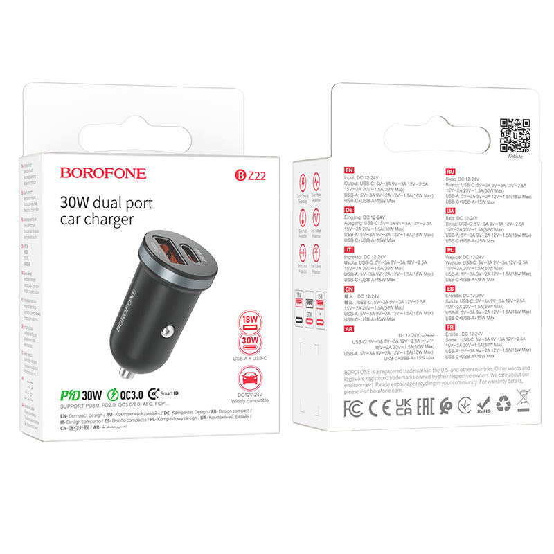 Billaddare Borofone BZ22 Scenery, 30W, 3A, 1 x USB-A - 1 x USB-C, Svart 
