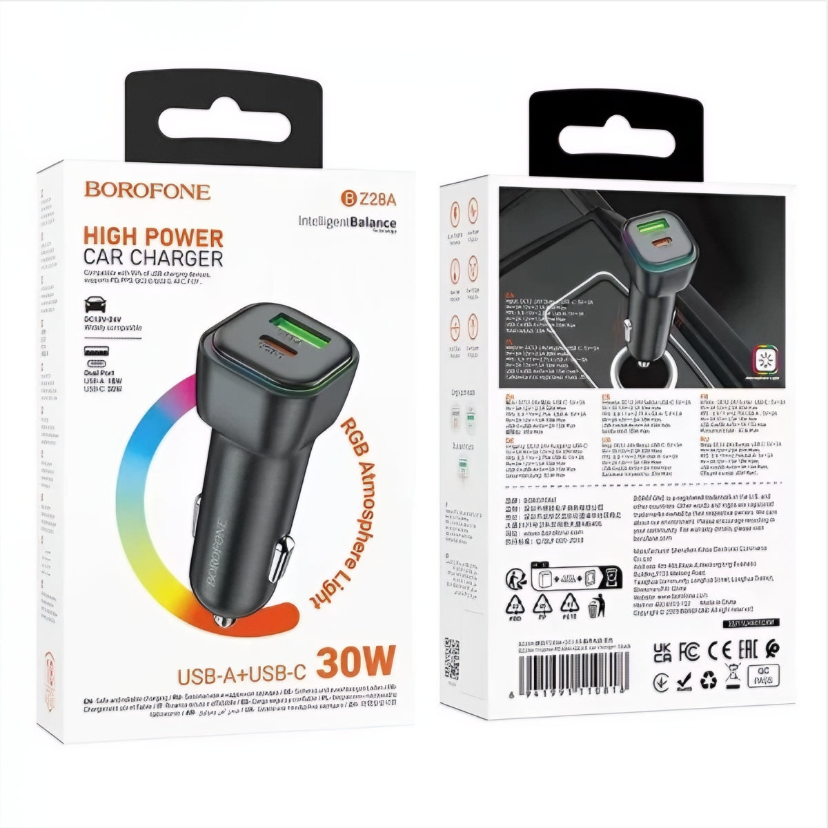Bil laddare Borofone BZ28A Trophie, 30W, 3A, 1 x USB-A - 1 x USB-C, Svart